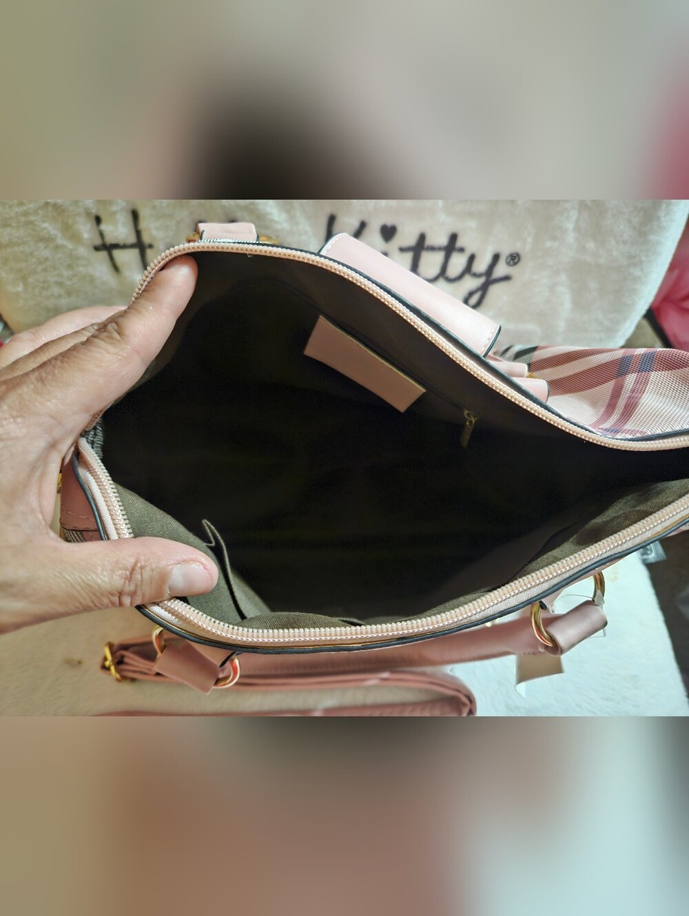Pink Plaid Satchel Handbag with Gold Hardware - Picture 4 of 4